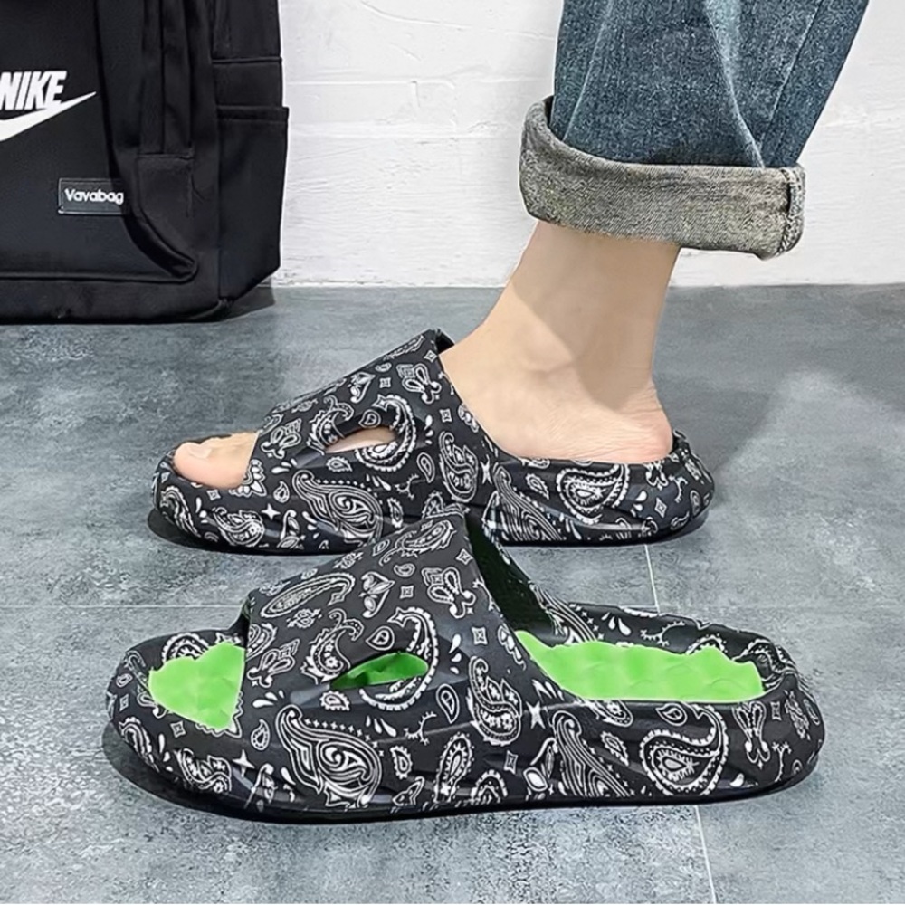 Black and White Paisley Slides with Green Interior
